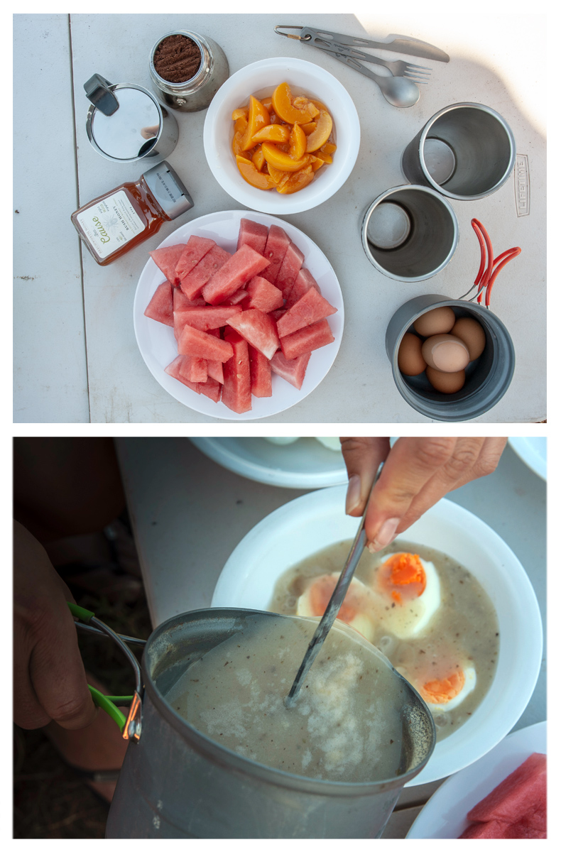 arbuz, brzoskwinie, jajka gotowane, żurek, miód, zdjęcie zrobione z góry